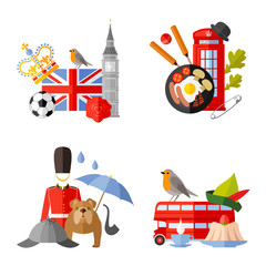 Obraz na płótnie Canvas A set of compositions of traditional English symbols and attributes. Ready cards on the theme of travel in the UK. Vector templates in flat style.