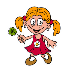 cute little girl with ponytails in pink dress with flower and cloverleaf in her hand, color drawing