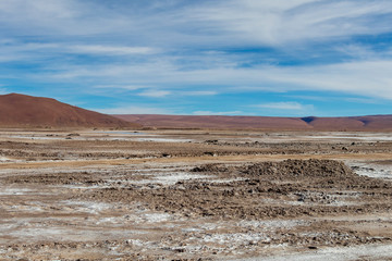 Background with barren desert scenery in the Bolivian Andes, in the Nature reserve Edoardo Avaroa