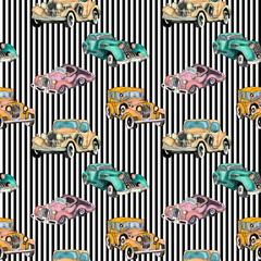 Watercolor hand drawn artistic colorful retro vintage car  seamless pattern 