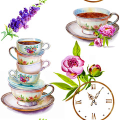 Party colorful tea cups and saucers closeup. Sketch handmade. Postcard for Valentine's Day. Watercolor illustration.