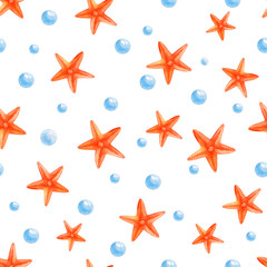 Fototapeta na wymiar Watercolor starfishes. Seamless pattern starfish on , cartoon illustration of beach summer background. 