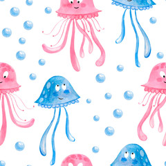 Watercolor cartoon jellyfish.  Seamless jellyfishes cartoon background illustration of summer beach background. 