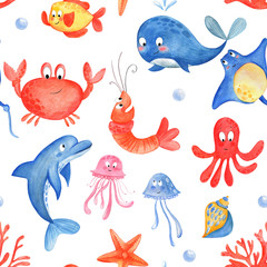 Cute sea animals watercolor pattern. Marine life: octopus, jellyfish, stingray , seashell, coral, dolphin, fish, starfish. Seamless cartoon background illustration of summer beach background. 