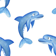 Watercolor dolphin pattern. Hand drawn cartoon background design dolphin  on white background. Background for children's paper, fabric designs.
