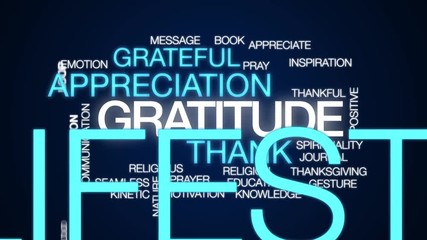 Gratitude animated word cloud, text design animation. Kinetic typography.