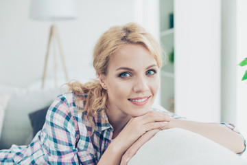Naklejka premium Close-up portrait of her she nice-looking attractive lovely sweet charming cute amazed ecstatic cheerful cheery positive wavy-haired girl wearing checked shirt having rest at white light style