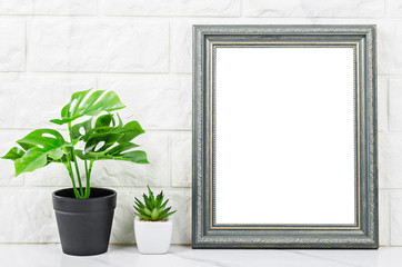 Blank gray vintage photo frame with cactus on marble background.