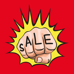 Concept de l’énergie et de la puissance marketing, avec l’illustration d’un poing en gros plan, vu de face, qui frappe fort pour illustrer la performance commerciale.