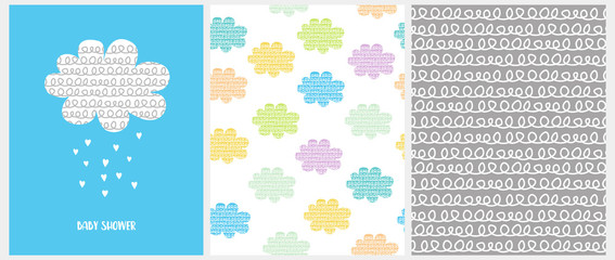 Cute Baby Shower Vector Illustration Set. Abstract White Clouds with Loop Print Inside and Hand Drawn Dropping Hearts Isolated on a Blue Background. Colorful Clouds on a White Sky Vector Pattern. 