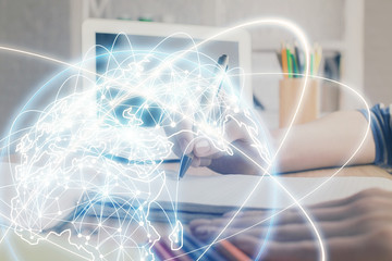 International business hud over woman's hands writing background. Concept of hard work. Double exposure