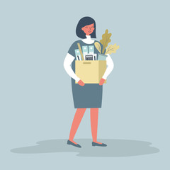 Office worker with a box of stationery in the hands. Smiling young woman holding office supplies. Concept: the employee received a new job. Funky flat style. Vector illustration on a gray background