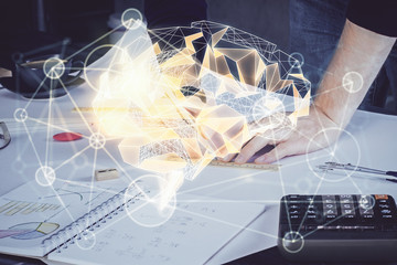 Haman brain double exposure icon with man hands background.