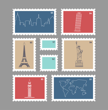 set of postage stamps with line travelling city national landmarks vector illustratopn with eiffel tower big ben world map and urban silhoutte