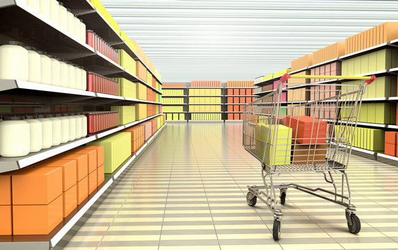 3D rendering of a shopping cart inside a supermarket.
