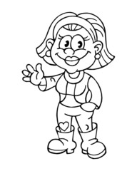 Farmer woman with a headband in her hair with rubber boots, waving a greeting, black and white drawing