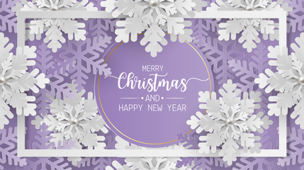 Merry christmas and happy new year greeting card, postcard with snowflake on purple background. Paper art style