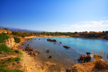 beautiful sandy beach on a coast of Crete, Greece near Chania town. travel background