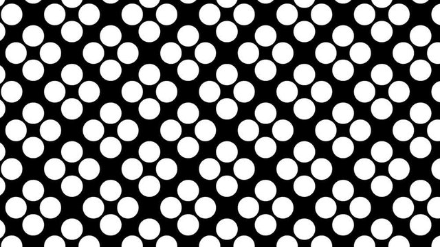Black and white graphic pattern with geometric figures, which moves with zoom, various size and moves anchor point from the top left to the bottom right, on a black background.