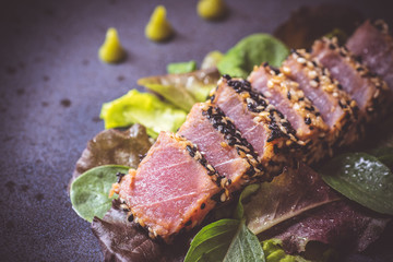 Grilled Tuna Steak with Salad and Wasabi Sauce