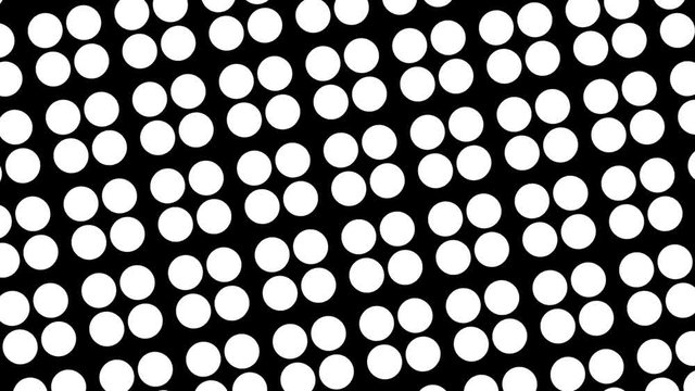 Black and white graphic pattern with geometric figures, which rotates counterclockwise, then reverses and rotates clockwise, on a black background.