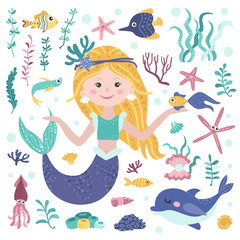 Obraz na płótnie Canvas Set of cute mermaid, seaweeds and marine inhabitants