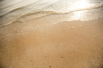 Fototapeta na wymiar The wave of calm sea on a sandy beach. Space for text