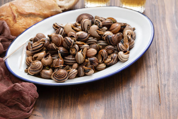 boiled snails with herbs in white dish on wooden background