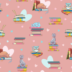 Seamless pattern of books and cute clever cats. Doodle illustration. Cartoon background. Vector