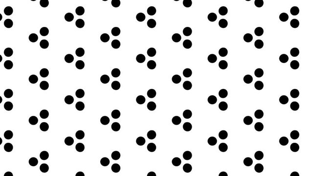Black and white graphic pattern with geometric figures, which moves with zoom, various size and moves anchor point from the top left to the bottom right, on a black background.