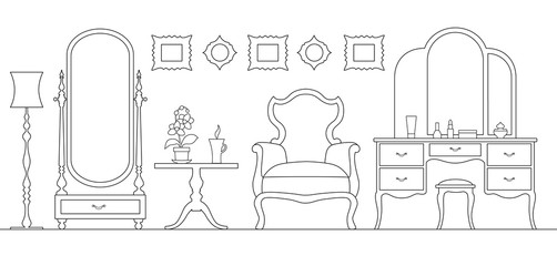 Dressing room in outline style. Interior room with mirror vanity makeup and accessories. Linear girls room. Vector illustration.