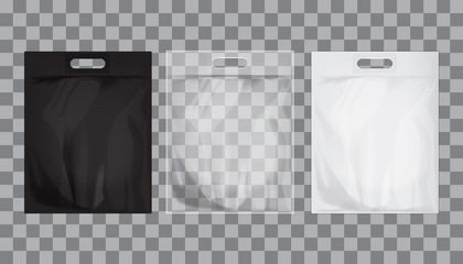 Empty transparent, black, white plastic bag mock up isolated. Consumer pack ready for logo design or identity presentation. Commercial product food packet handle