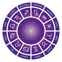 12 Astrological Signs Wheel. Starry Universe Vector Illustration. 