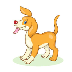 Little funny dog with stuck out tongue in cartoon style. Isolated on white background. Vector illustration.