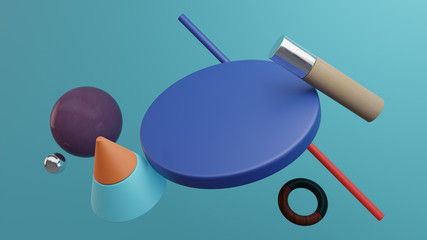 Composition of solid primitive geometric shapes. Flying shapes on blue background. 3d Illustration