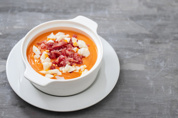 Typical Spanish soup salmorejo cream with ham and egg in white bowl on ceramic background. Top view.