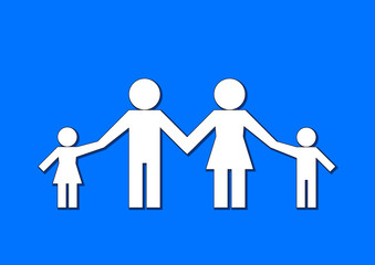 family simple shape white silhouettes isolated on a blue background, shadow, horizontal vector illustration