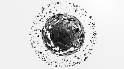 Fototapeta na wymiar Metal sphere of extruded triangles with particles around. 3d render