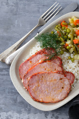 fried meat with vegetables in white dish