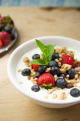 Breakfast yogurt with granola and fruits