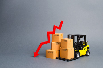 Yellow Forklift truck with cardboard boxes and a red arrow down. Concept drop in industrial...