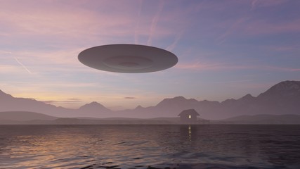 3d render of a UFO above a lake house