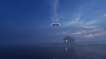 3d render of a UFO above a lake house