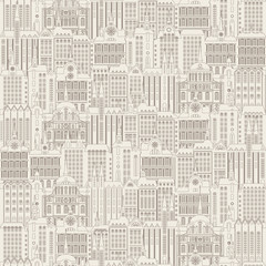 Vector seamless pattern with old hand drawn houses in retro style. Cityscape background, can be used as wallpaper, wrapping paper, textile, fabric © paseven