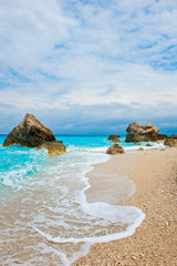 Beautiful blue sea. Kavalikefta beach. Love sea. Lefkada Island, Greece.