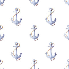 Watercolor nautical pattern. seamless pattern of blue anchor with rope. endless digital background, wallpaper. great four wrapping paper, decoupage, textile fabric print