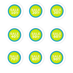 Blue and green circular discount paper labels