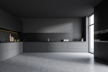Dark ray kitchen, wooden cupboard and counters