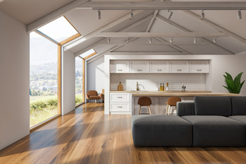 Scandinavian kitchen interior, bar and sofa