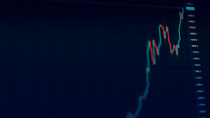 Bitcoin price rise on a candlestick chart. Crypto asset bull run to 9000 dollars in bullish uptrend. Blockchain, cryptocurrency adoption, e-commerce and finance in stock market concept 3D illustration